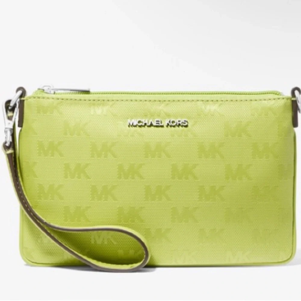 💚MICHAEL KORS💚Lime Jet Set Travel Small Woven Logo Nylon Convertible Wristlet